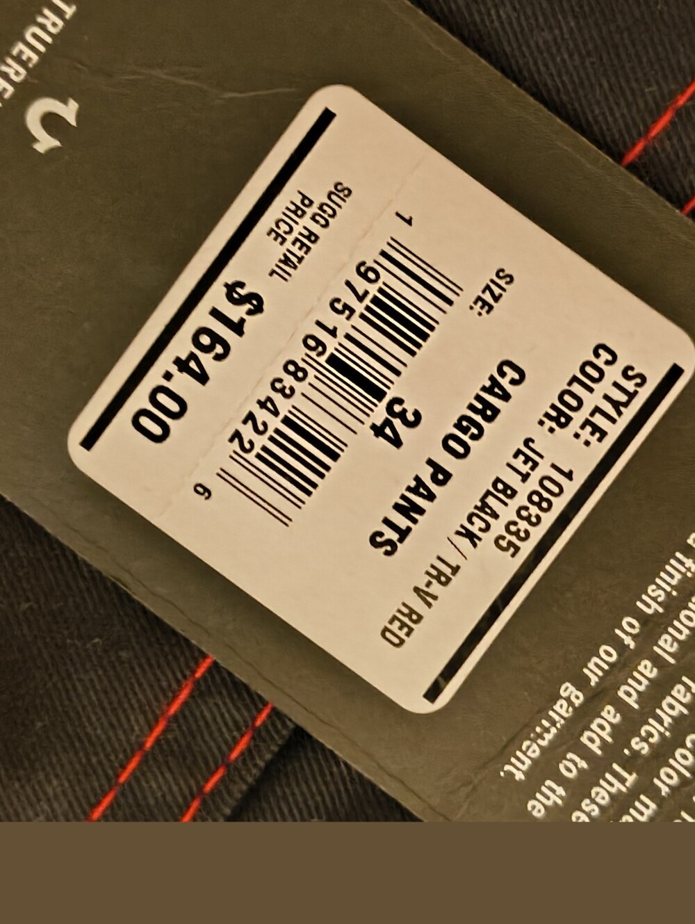 True Religion Men Cargo Pants Jet Black with Red Stitching